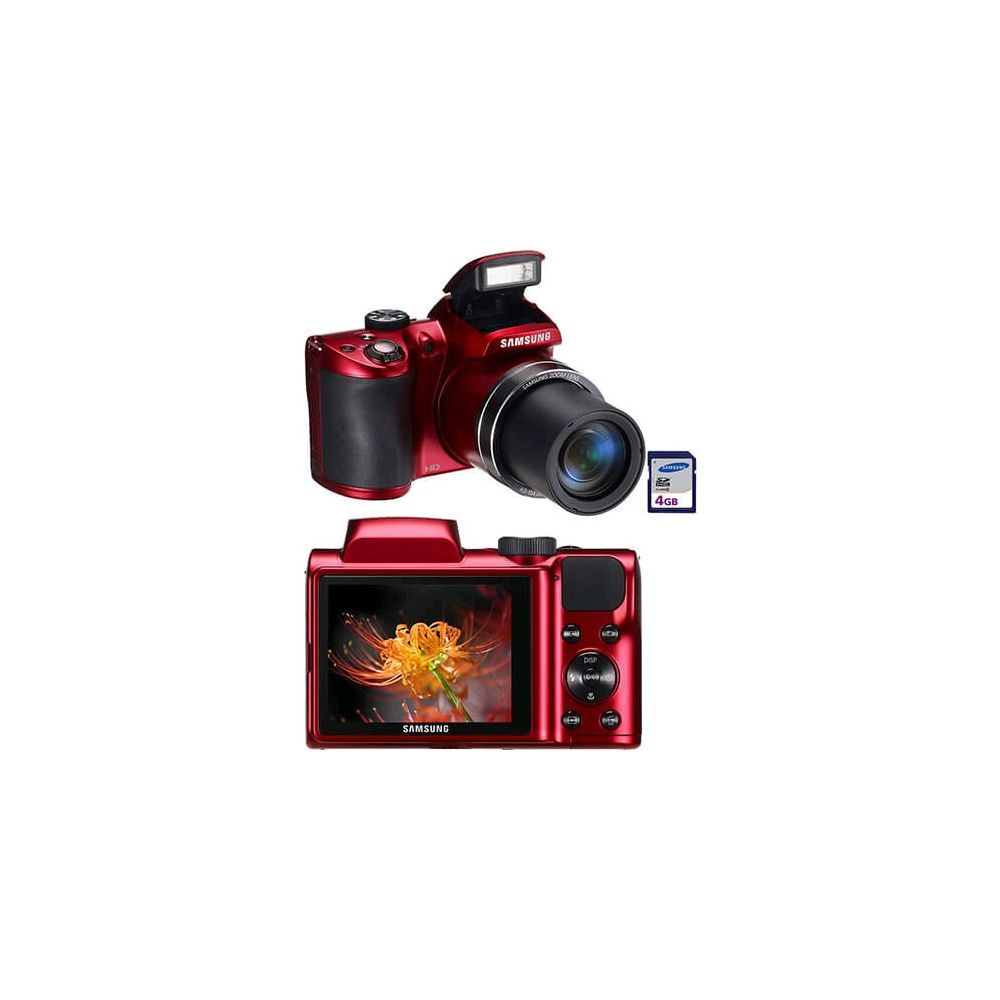 Câmera Digital Samsung WB100 16.2MP 26X Zoom Óptico Cartão SDHC de 4GB Vermelha 