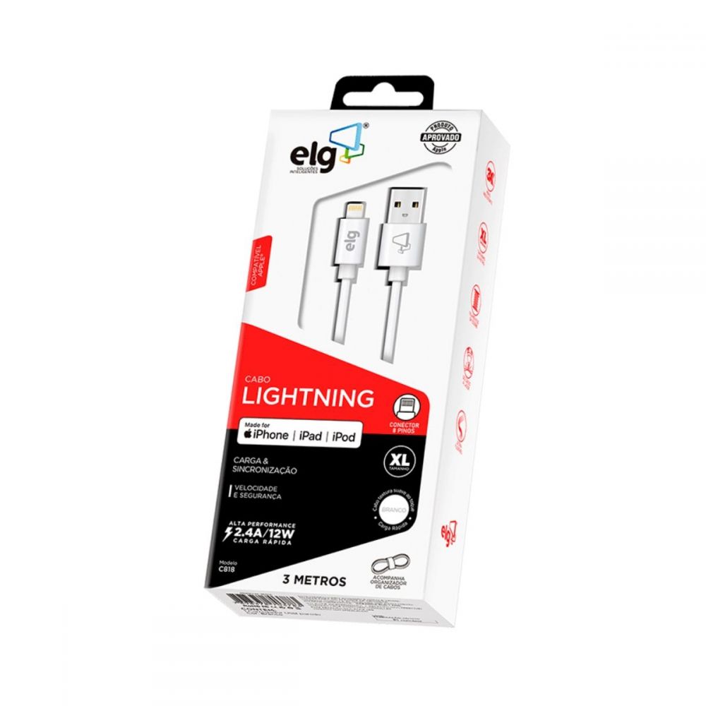Cabo Lightning 3M 2.4A / 12W Branco C830 - ELG