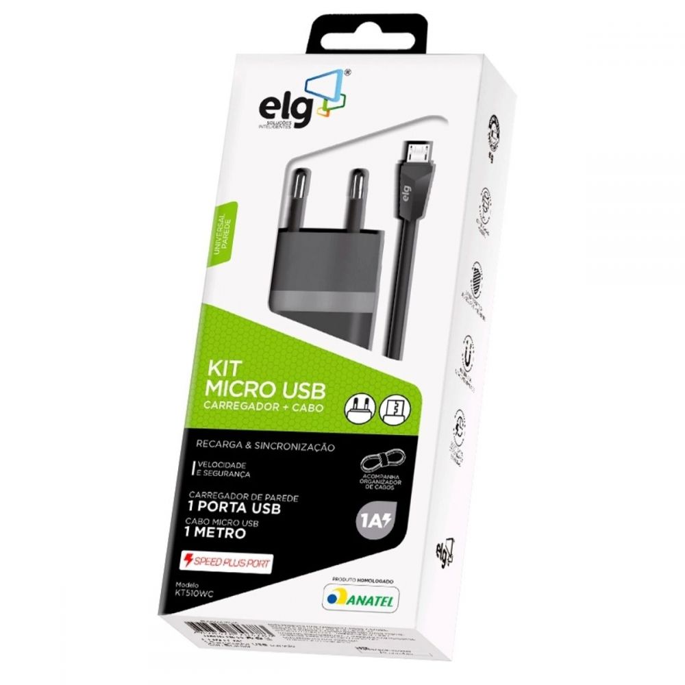 Kit Carregador De Parede + Micro Usb Preto KT510WC - ELG