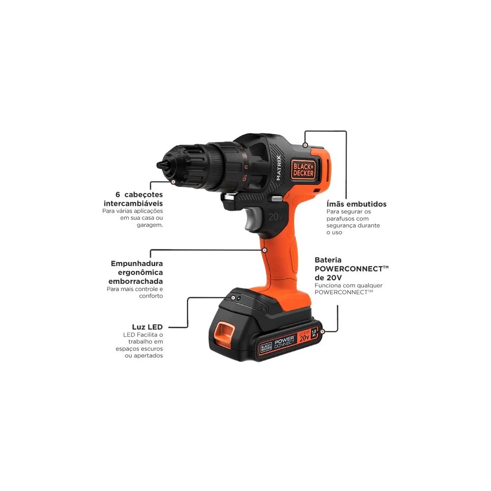 Jogo Ferramenta 6 Cabeçotes Intercambiáveis MTX20K6A-BR 20V - Black+Decker
